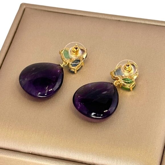 NWT Statement Amethyst Drop Earrings Teardrop 18K Gold Plated Crystal Accents - Picture 8 of 11